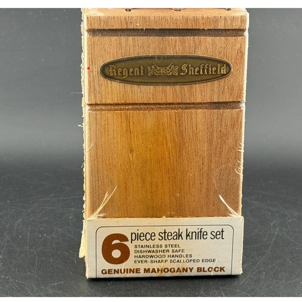 Vintage Regent Sheffield 6 Piece Steak Knife Set: Genuine Mahogany Block, NEW